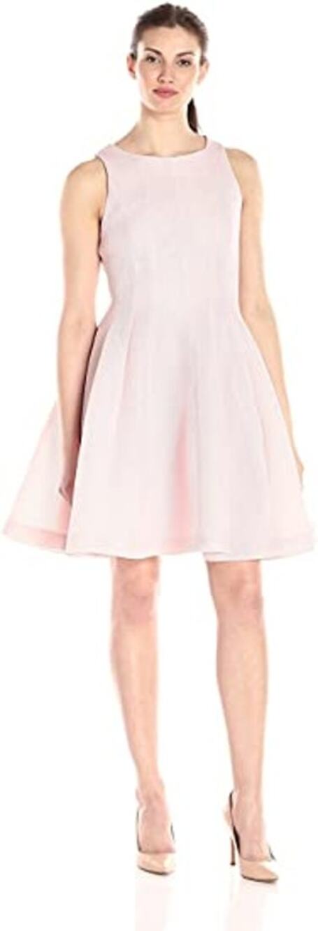 Badgley Mischka Seamed Mesh Overlay Fit Flare Dress Size 8 Light Pink Pockets